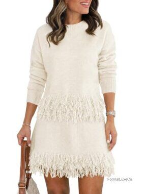 Fringe Knit Sweater and Mini Skirt 2 Piece Set Long Sleeve Fitted